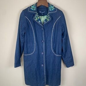 Susan Graver Style Floral Embroidered Denim Jacket Boho Coastal Cowgirl Medium